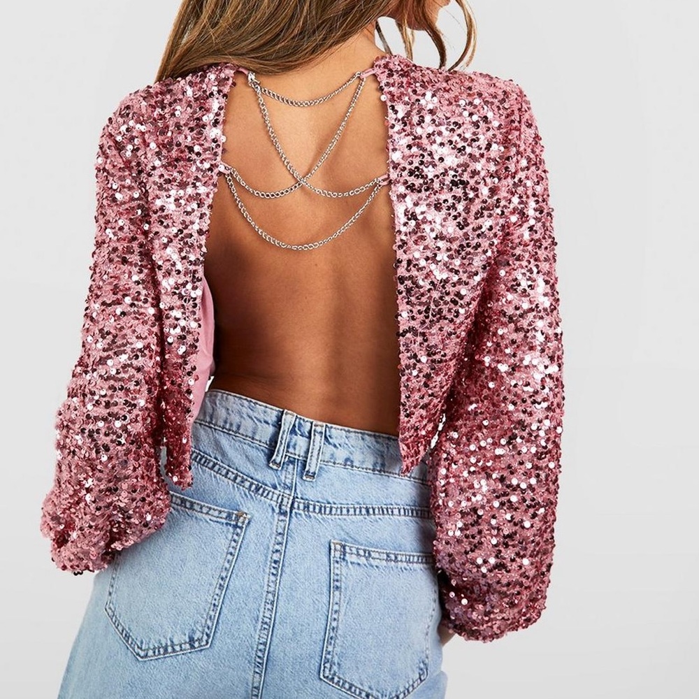 Pink Sequin Backless Blouse